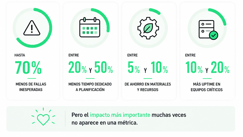 Infografía con métricas del impacto del mantenimiento predictivo: hasta 70% menos fallas inesperadas, entre 20% y 50% menos tiempo en planificación, entre 5% y 10% de ahorro en materiales, y entre 10% y 20% más uptime en equipos críticos.