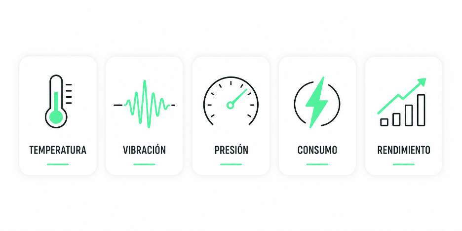 Cinco variables monitoreadas en mantenimiento predictivo: temperatura, vibración, presión, consumo energético y rendimiento.